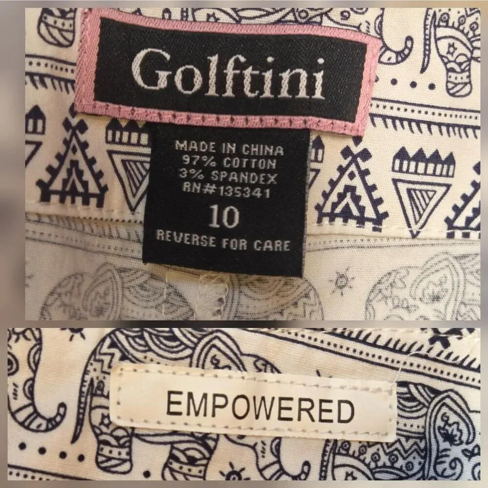 Golftini Elephant Skort sz 10 White, Navy Blue All-Over Print, Pockets, Side Zip